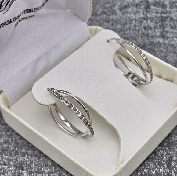 Diamond Mystique Double Hoop Sterling Silver Diamond Earrings - Picture 3 of 4